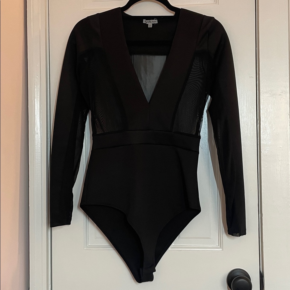 Charlotte Russe,, V Neck Mesh Long Sleeve Bodysuit, Black, Size Medium
